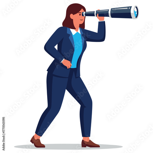 Young caucasian female professional with telescope in blue suit looking ahead
