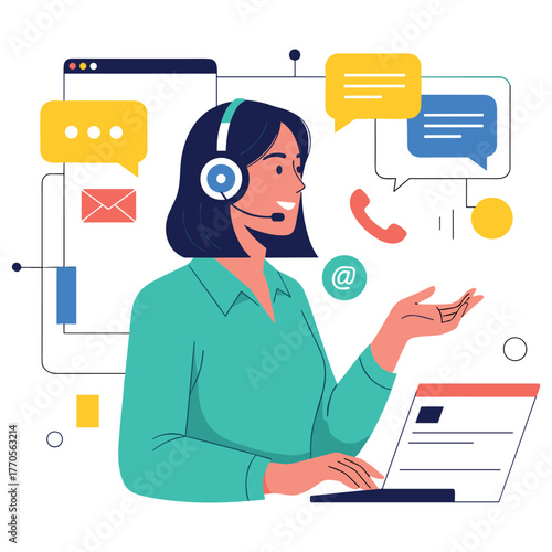 Young female caucasian customer service representative with headset assisting online