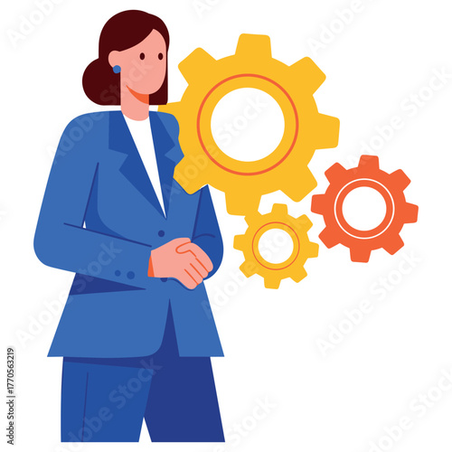 Female caucasian adult in blue suit with gears illustration