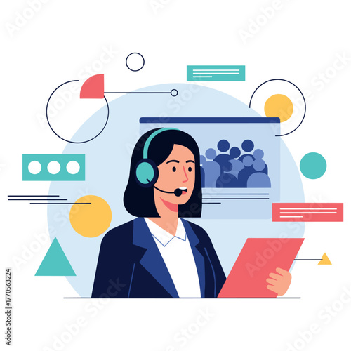 Asian female customer service representative with headset in virtual office environment