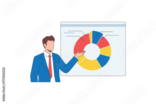 Young caucasian male presenting colorful pie chart analysis