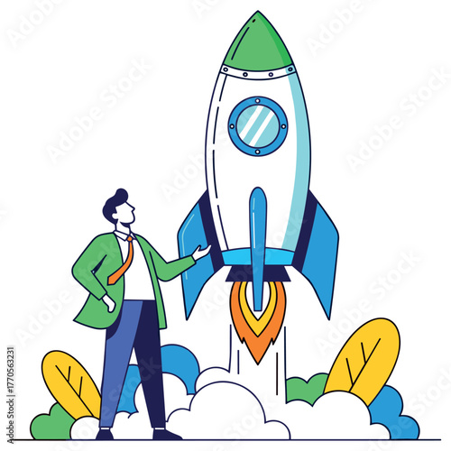 Young caucasian male observing rocket launch illustration with leaves and clouds