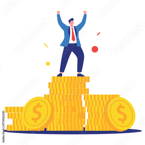 Triumphant caucasian male adult stands on gold coin stack symbolizing financial success