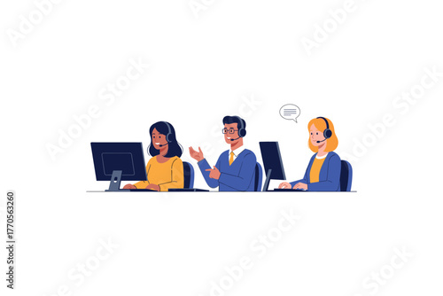 Diverse customer support team working together at office desks with headsets