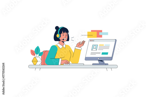 Asian female customer service representative at desk with computer and headset