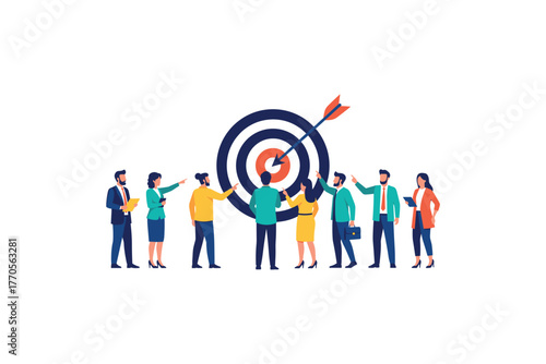 Diverse group of young adults discussing and collaborating on business strategy by target icon