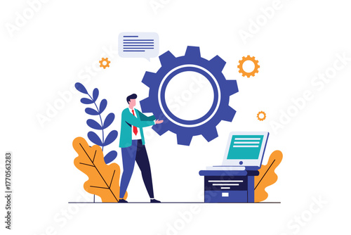 Businessman engaging with office technology and gear icons in a modern abstract design