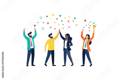 Diverse group celebrating with confetti and high fives