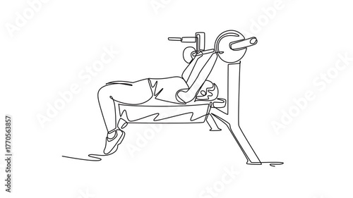 Animated self drawing of continuous line draw young woman is performing heavy barbell bench press on weight bench, illustrating strength, focus, and intense training. Full length single line animation