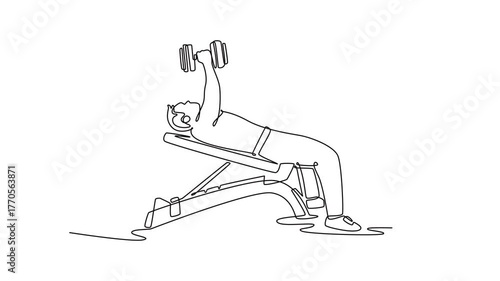 Animated self drawing of continuous line draw young man is performing a dumbbell press on an incline bench, illustrating strength, focus, and intense chest training. Full length single line animation