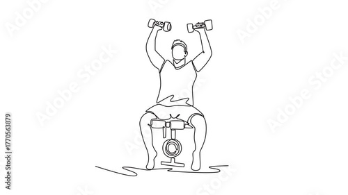 Animated self drawing of continuous line draw young man is performing dumbbell shoulder press on weight bench, illustrating strength, focus, and dynamic gym workout. Full length single line animation