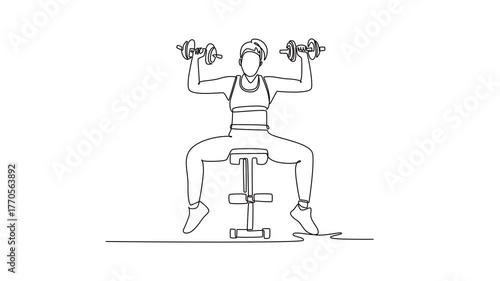 Animated self drawing of continuous line draw beauty woman is performing dumbbell chest press while sitting on weight bench. Strength, focus, and dynamic gym workout. Full length single line animation