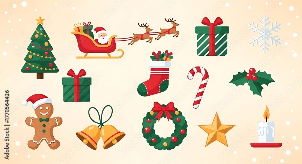Fototapeta premium Christmas decoration element set with santa claus, reindeer, gift, christmas tree and other elements