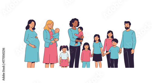 Diverse families and their children, showcasing different family structures and stages of life.