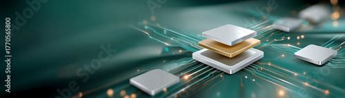 Isometric schematic of layered machine learning model with glowing circuit connections on green digital background