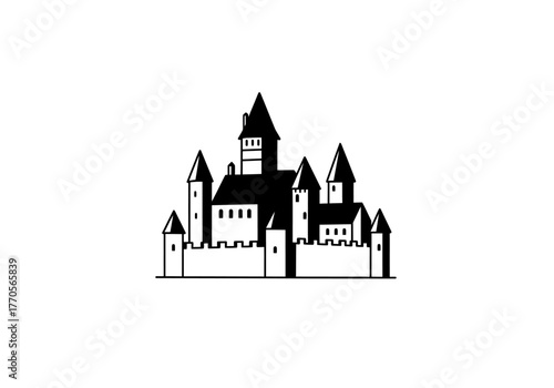 A black and white drawing of a complex castle with towers battlements and a central structure