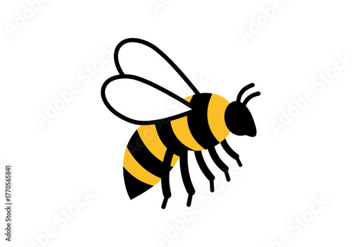 A bee with yellow and black stripes and white wings facing right