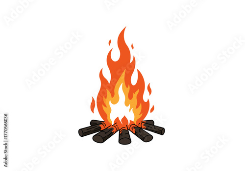 A campfire with flames atop several logs arranged in a star pattern