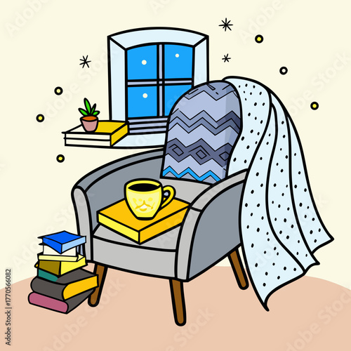 A relaxing scene with a chair, books, and a cup of tea