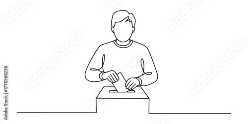 Single line drawing of a person casting a vote at a ballot box vector