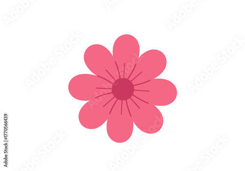 A pink flower with rounded petals and a darker pink center