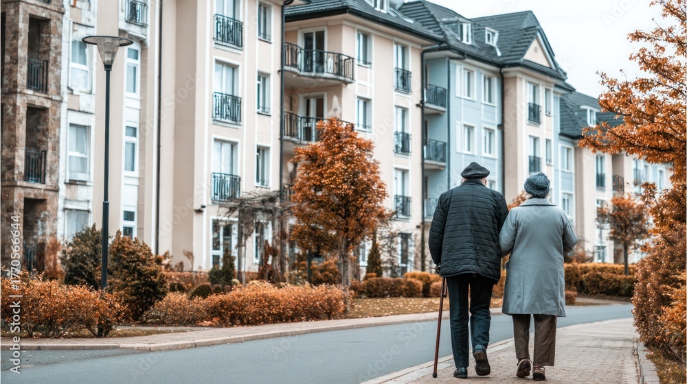 custom made wallpaper toronto digitalAn elderly couple walking down a street in front of a residential building.