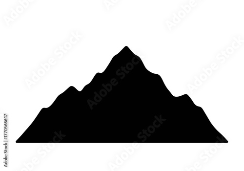 A stark black mountain silhouette featuring a jagged peak against a white background