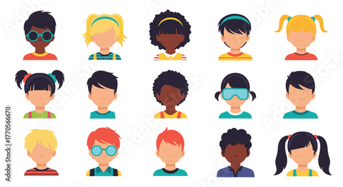 Collection of diverse cartoon children avatars with different hair colors, styles and clothing.
