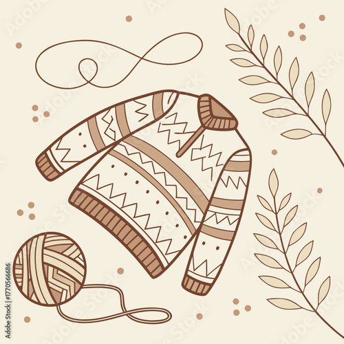 Illustration of a cozy sweater with yarn and leaves on a beige background