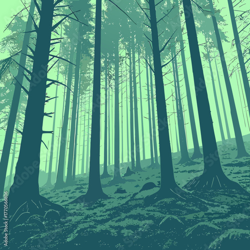 Looking up at the tall trees in a dense forest with a green filter
