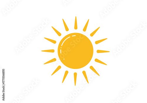 A yellow sun with rays extending outwards from a central circle set against a white background