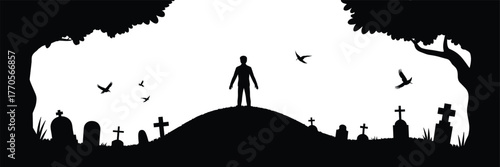Vector silhouette illustration of person standing in graveyard with trees and birds for solitude concept, remembrance theme, and mortality design layout