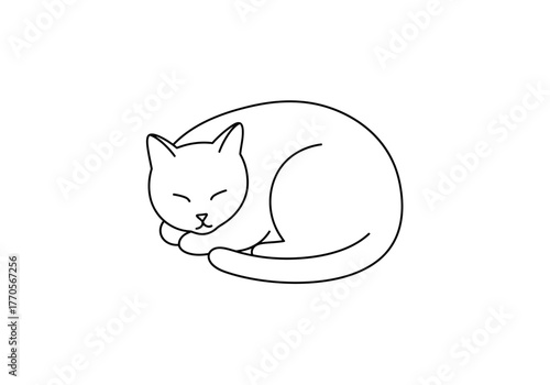 Black outline of a curled up sleeping cartoon cat on a white background