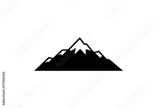 Black silhouette of a mountain range with snowcapped peaks on a white background