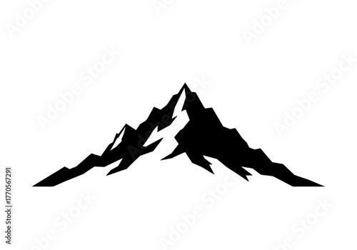 Black silhouetted mountain range with sharp peaks against a stark white background