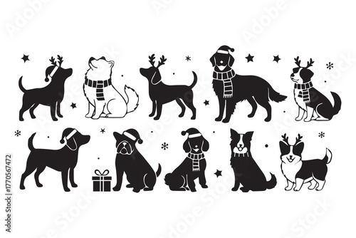 Collection of silhouetted dogs in festive christmas outfits and accessories