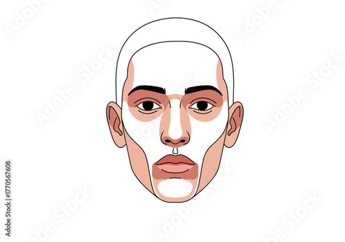 Illustrated bald head shot face with darkoutlined features contour shading