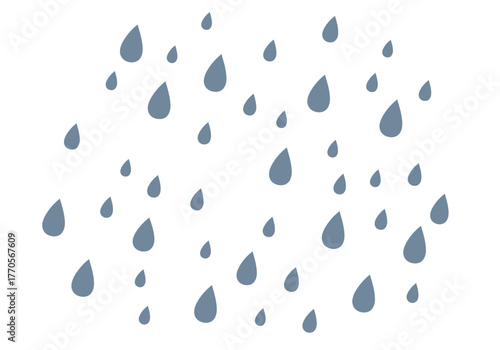 Image features scattered gray raindrops of varying sizes on a white background