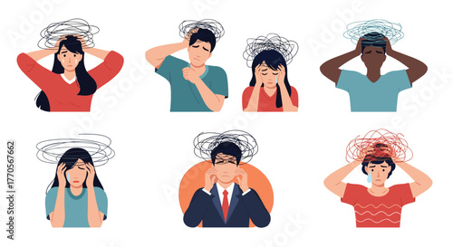 Illustrations depicting individuals experiencing various states of stress, anxiety, and mental health challenges.