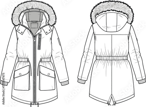Cad drawing flat vector illustration, winter parka jacket technical sketch, fashion design template, coat front and back view, hooded outerwear