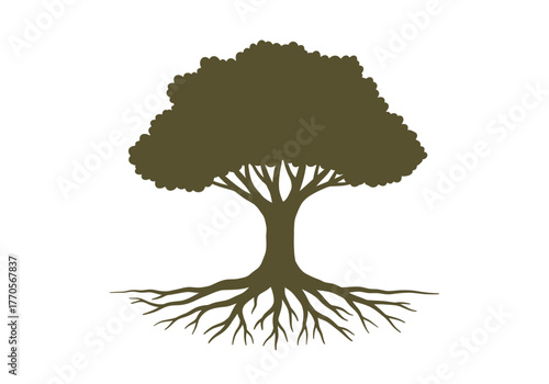 Silhouette of a tree with lush leaves and prominent roots against a stark white background