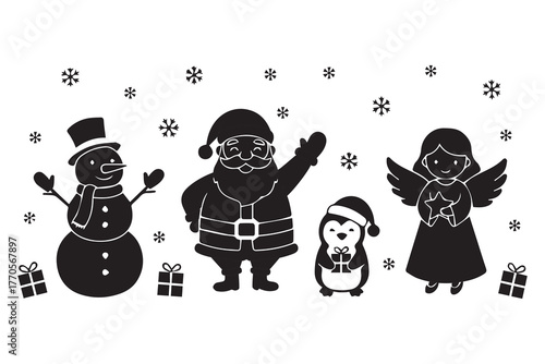 Christmas silhouette characters including santa claus snowman penguin and angel with snowflakes and gifts