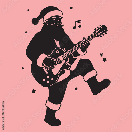 Silhouette of santa claus playing an electric guitar with musical notes on a pink background