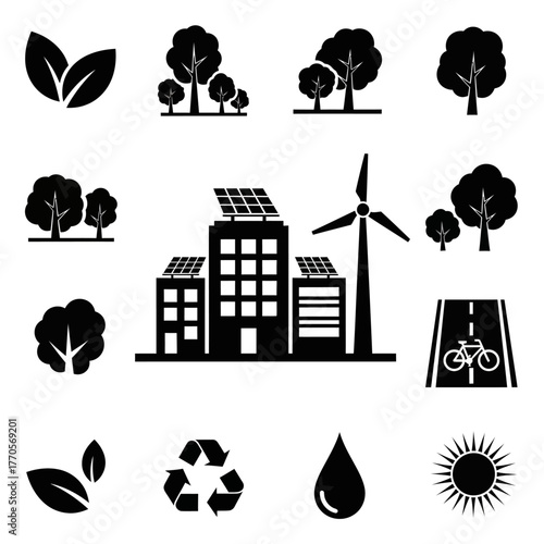 Black and white vector icons depicting environmental sustainability, including trees, leaves, solar panels on buildings, a wind turbine, a bicycle path, a re...