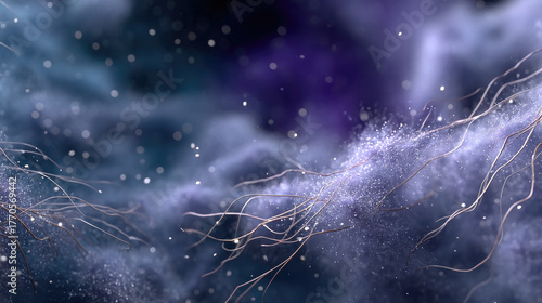Abstract deep purple and blue background with floating particles and organic fiber lines, dreamy and ethereal atmosphere