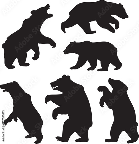 Bear Silhouette Collection Isolated on White