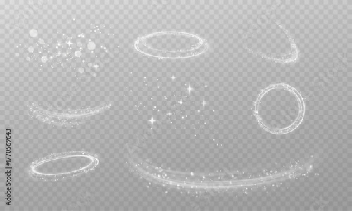 Set of light flares, explosions, and glitter particles with sparkles and stars. Glowing curved lines and bright dust for illumination and visual effects.