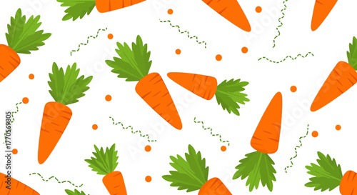 Seamless pattern of vibrant carrots with green leafy tops, scattered playfully with orange dots and green squiggles on a white background, perfect for food and gardening themes