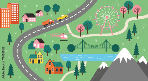 A vibrant and cheerful vector illustration depicting a bustling urban landscape or picturesque town, featuring roads with cars, houses, tall buildings, a Ferris wheel, a bridge over water, a