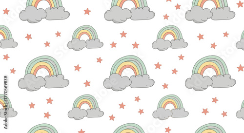 Seamless Pattern of Cute Pastel Rainbows and Stars on a White Background - Ideal for Children's Designs